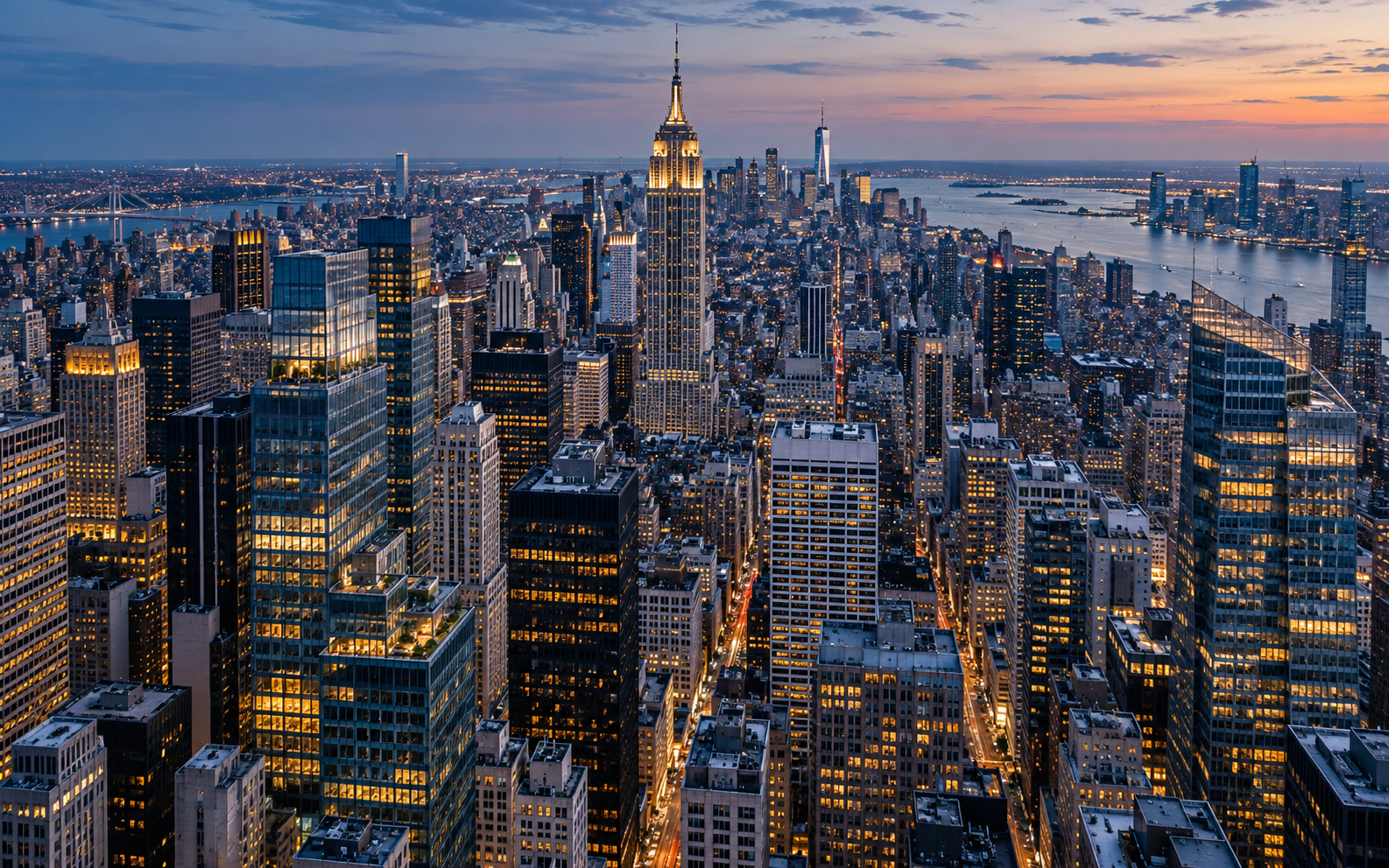 Elevated view across the New York City skyline and high-rise buildings