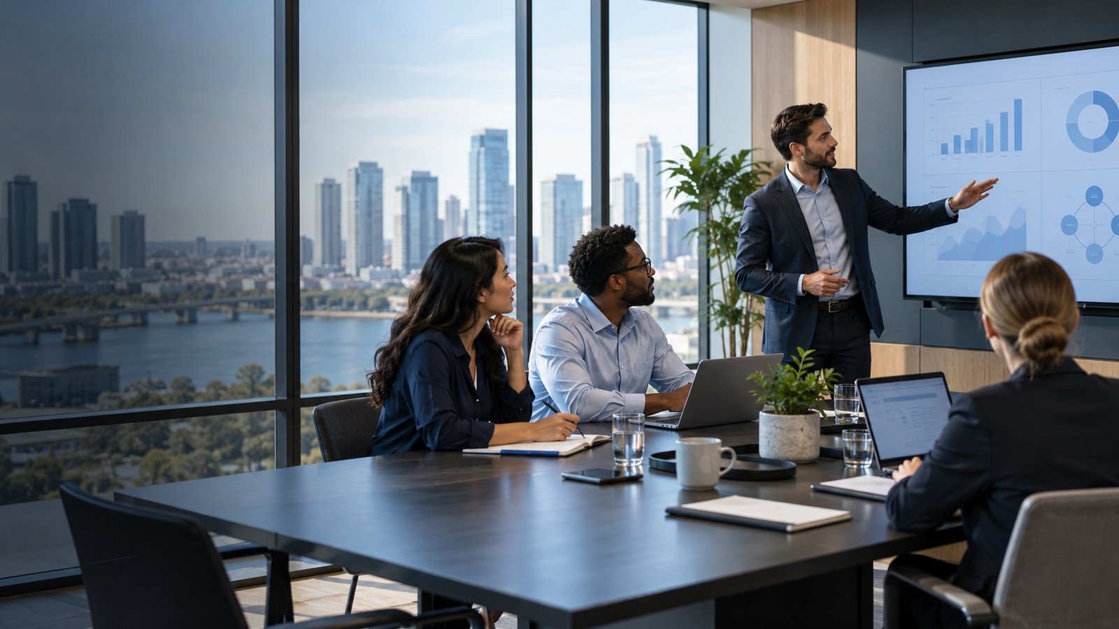 Technology team reviewing AI-enabled product workflows and analytics